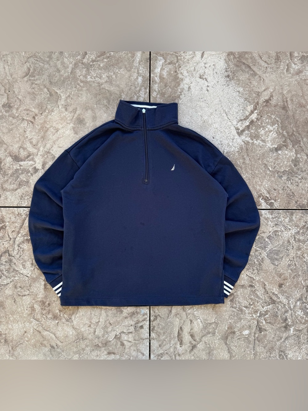 Nautica Quarter Zip Navy Sweatshirt with Striped Cuffs